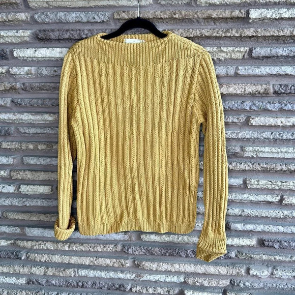 Vintage Handknit 100% Wool Gold Ribbed Knit Fisherman Sweater - Picture 1 of 7